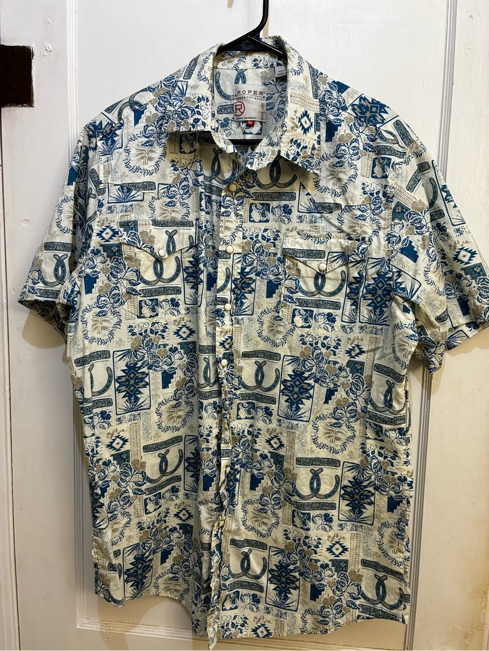 Roper Men's Short Sleeve snap closure Shirt - Blue on Cream Set